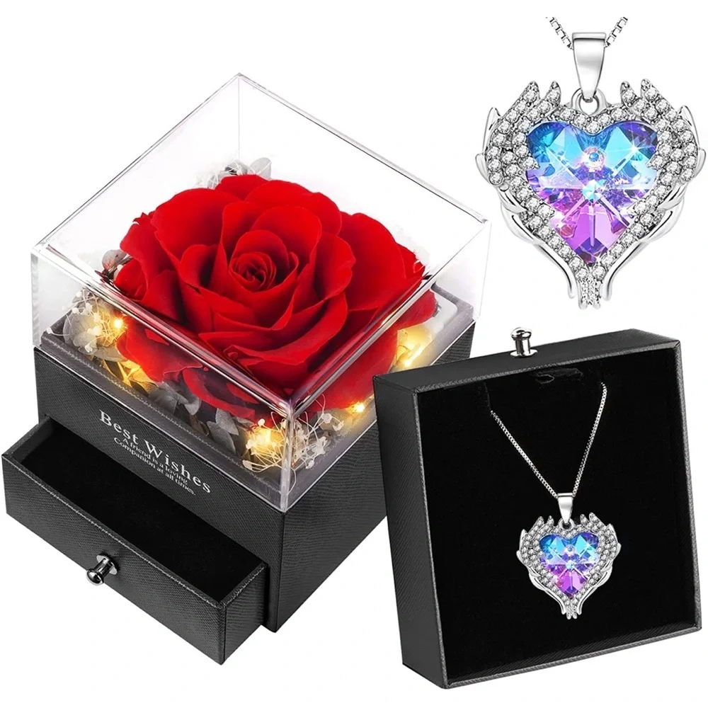 LED Preserved Eternal Rose Angel Wings Heart Necklace Birthday Anniversary Gift - Picture 1 of 6